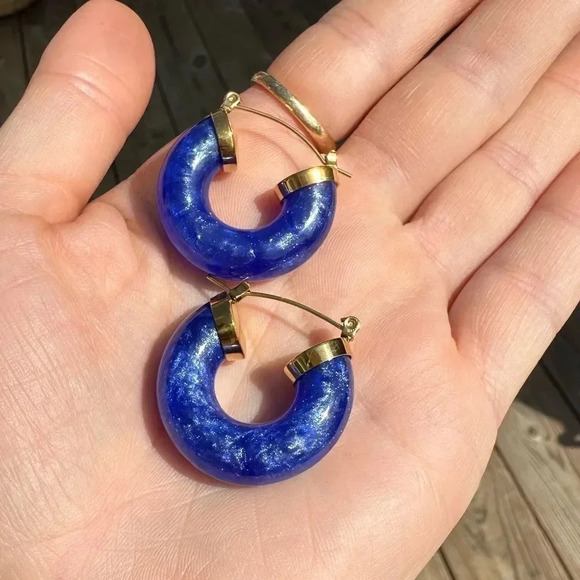 Blue 18K Gold Stainless Steel Hoop Earrings - Picture 4 of 12